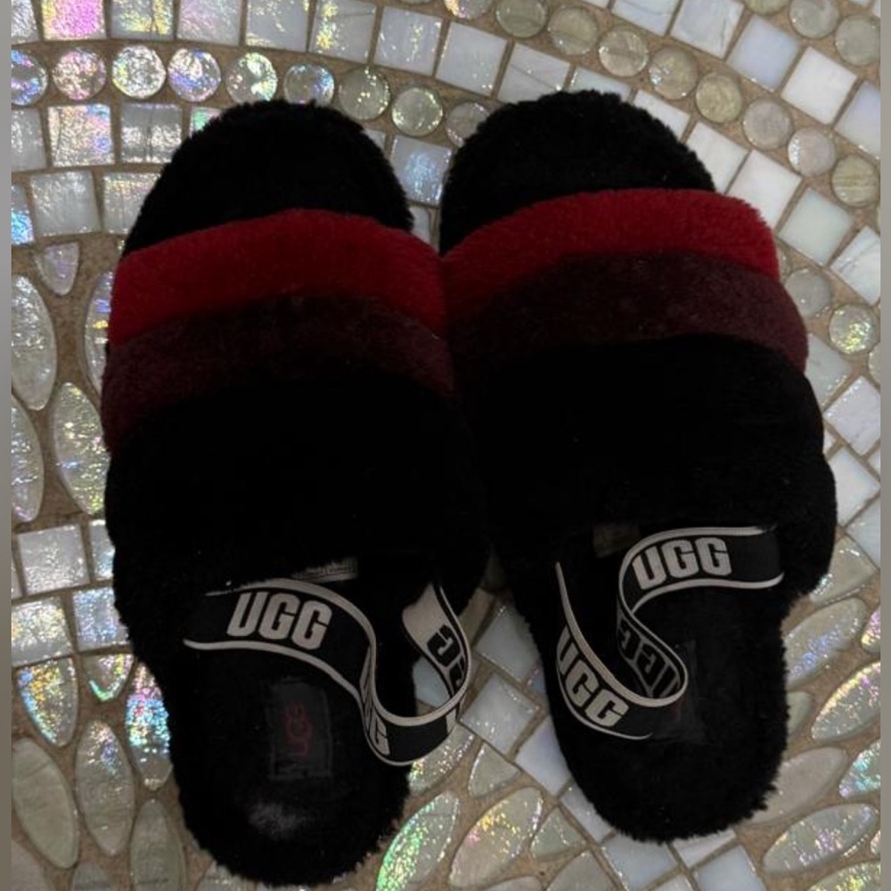 UGG Black and Burgundy Fluffy Slides
